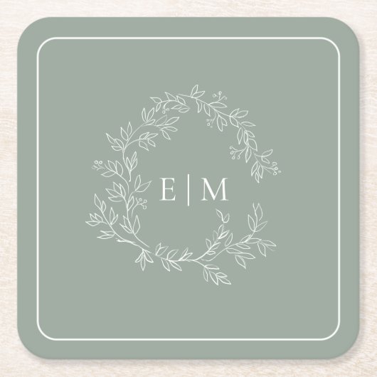 Modern Sage Green Leafy Wappen Monogram Wedding Sq Rechteckiger Pappuntersetzer (Vorderseite)
