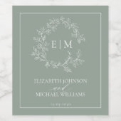 Modern Sage Green Leafy Wappen Monogram Wedding Wi Weinetikett (Einzelnes Label)