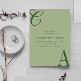Modern Sage Green Minimalist Monogram Wedding Save The Date