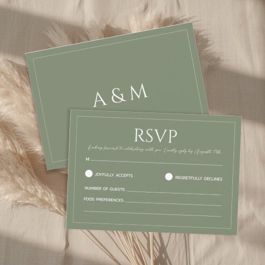 Modern sage green minimalist wedding RSVP karte