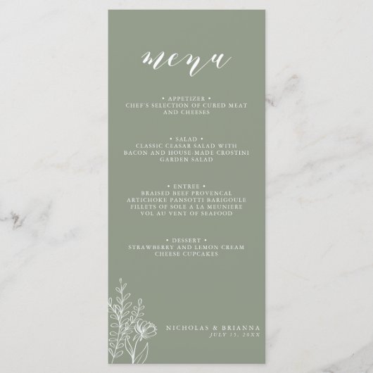 Modern Sage Green Minimalistisch Boho Wedding Mono Menükarte (Vorderseite)