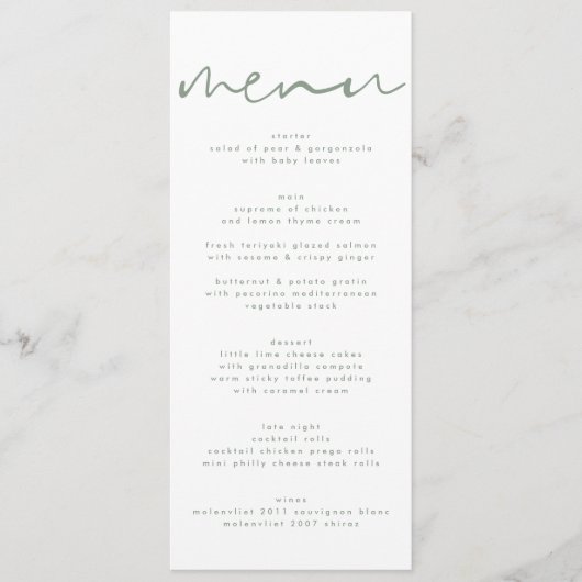 Modern Sage Green Neutral White Wedding Menu Programm (Vorderseite)