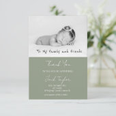 Modern Sage Green Photo Handwriting Baby Birth Dankeskarte (Stehend Vorderseite)