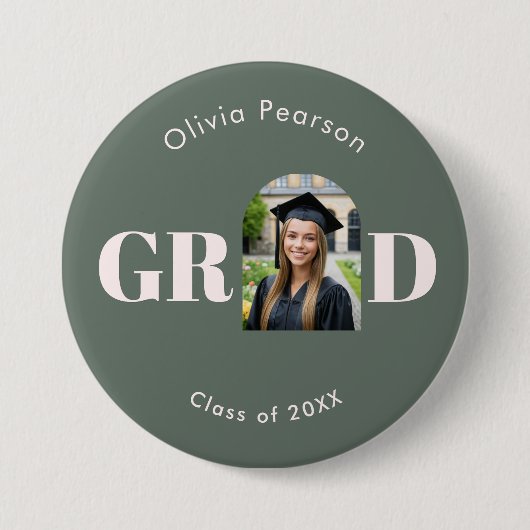 Modern Sage Green Pink Arch Photo Graduation Button (Vorderseite)