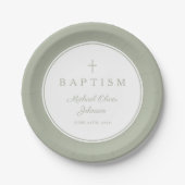 Modern Sage Green Religious Cross Baptism Pappteller (Vorderseite)