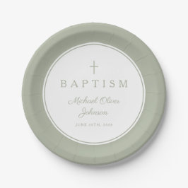 Modern Sage Green Religious Cross Baptism Pappteller
