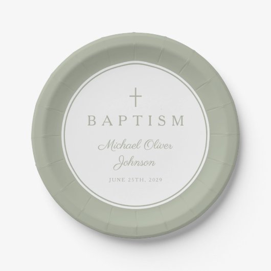 Modern Sage Green Religious Cross Baptism Pappteller (Vorderseite)