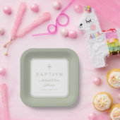 Modern Sage Green Religious Cross Boy Baptism Pappteller (Party)