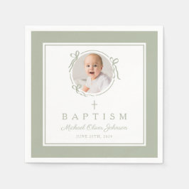 Modern Sage Green Religious Cross Boy Baptism Serviette