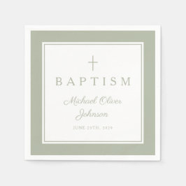 Modern Sage Green Religious Cross Boy Baptism Serviette