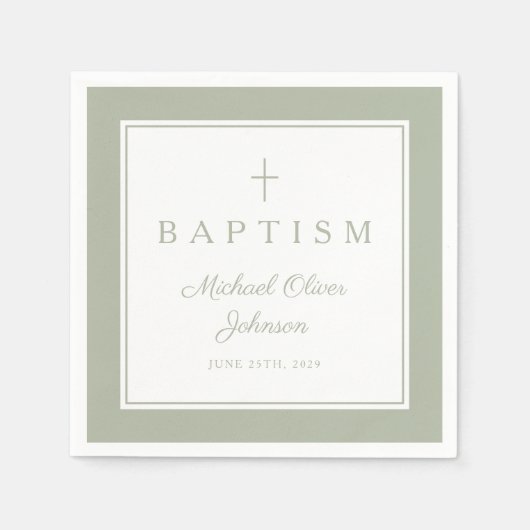 Modern Sage Green Religious Cross Boy Baptism Serviette (Vorderseite)