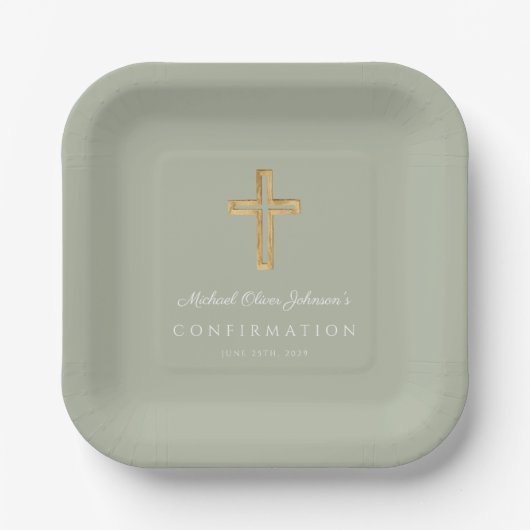 Modern Sage Green Religious Cross Boy Confirmation Pappteller (Vorderseite)