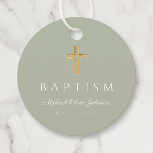 Modern Sage Green Religious Cross Script Baptism  Geschenkanhänger (Vorderseite)