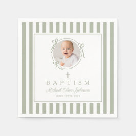 Modern Sage Green Religius Photo Boy Baptism Serviette