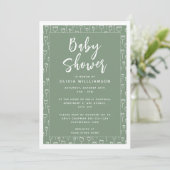 Modern Sage Green Script Baby Dusche Einladung (Stehend Vorderseite)