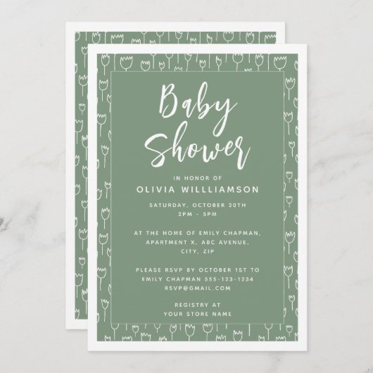 Modern Sage Green Script Baby Dusche Einladung (Vorne/Hinten)