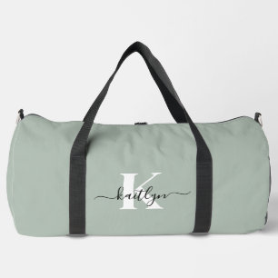 Modern Sage Green Script Monogram Duffle Bag