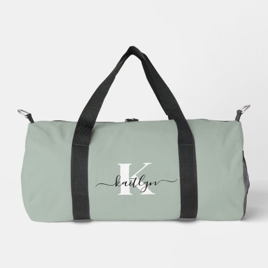 Modern Sage Green Script Monogram Duffle Bag (Vorderseite)
