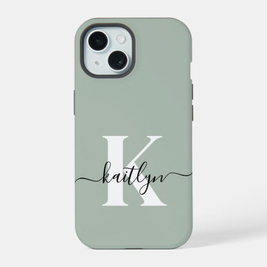 Modern Sage Green Script Monogram iPhone 15 Hülle (Rückseite)