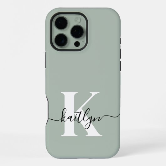 Modern Sage Green Script Monogram iPhone Hülle (Rückseite)