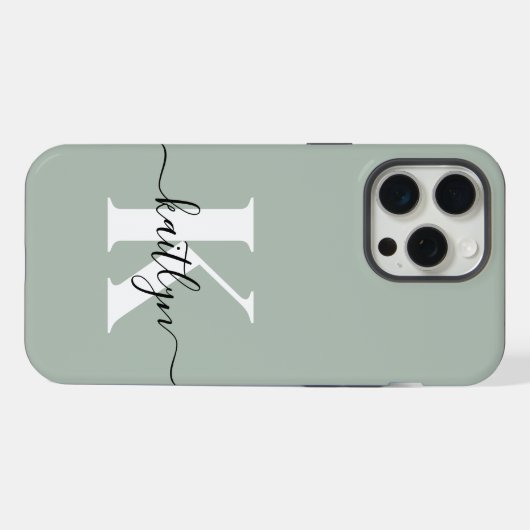 Modern Sage Green Script Monogram iPhone Hülle (Rückseite (Horizontal))