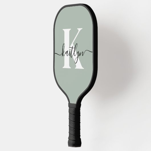 Modern Sage Green Script Monogram Pickleball Schläger (Links)