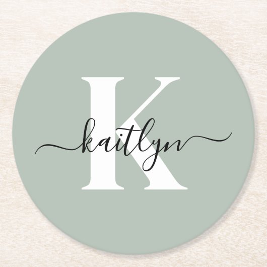 Modern Sage Green Script Monogram Runder Pappuntersetzer (Vorderseite)