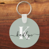 Modern Sage Green Script Monogram Schlüsselanhänger (Rückseite)