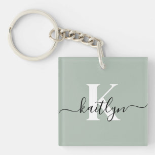 Modern Sage Green Script Monogram Schlüsselanhänger