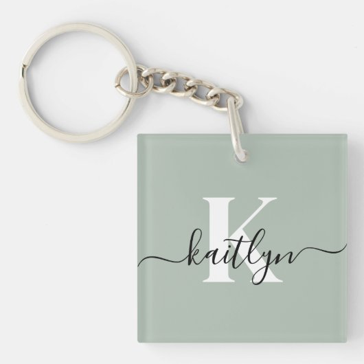Modern Sage Green Script Monogram Schlüsselanhänger (Vorderseite)