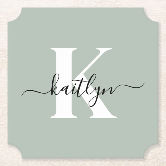 Modern Sage Green Script Monogram Untersetzer (Vorderseite)