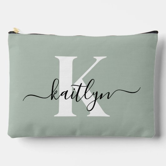 Modern Sage Green Script Monogram Zubehörtasche (Vorderseite)