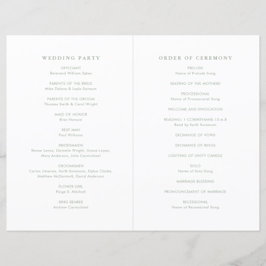 Modern Sage Green Simple Wedding Program (Rückseite)
