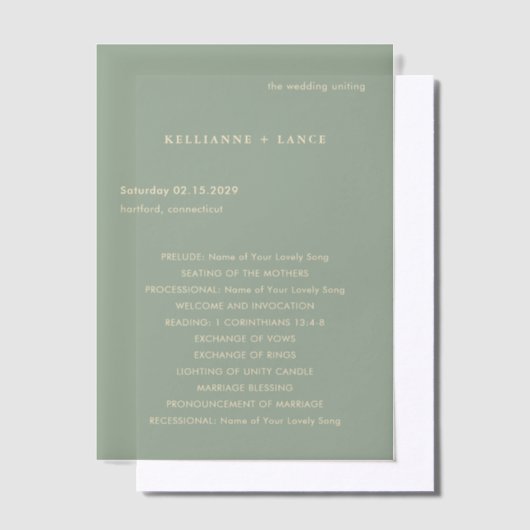 Modern Sage Green Simple Wedding Program Pergament Einladungen (Versetzt)