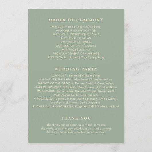 Modern Sage Green Simple Wedding Programm (Rückseite)