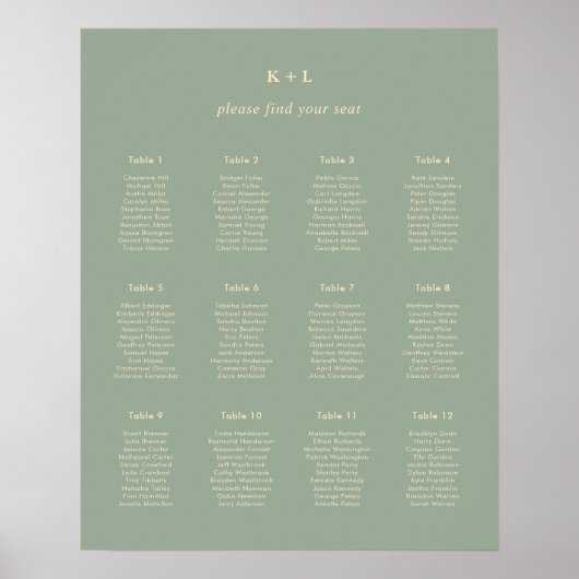 Modern Sage Green Simple Wedding Seating Chart Poster (Vorne)
