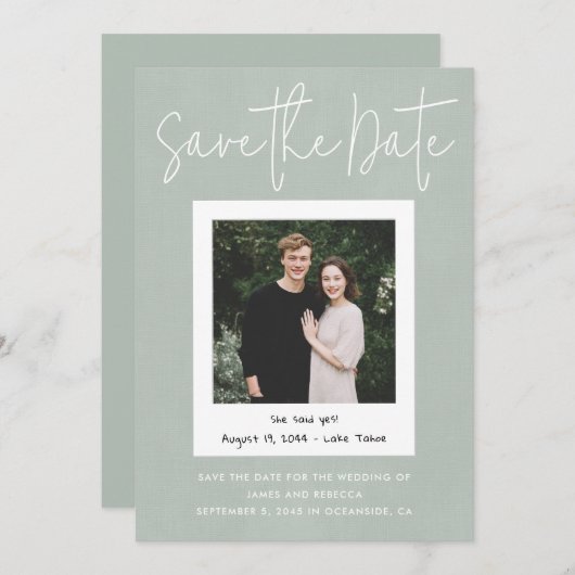 Modern Sage Green Snapshot Photo Save the Date Einladung (Vorne/Hinten)
