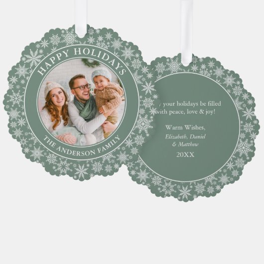 Modern Sage Green Snowflakes Happy Holidays Foto Ornament Karte (Vorderseite/Rückseite)