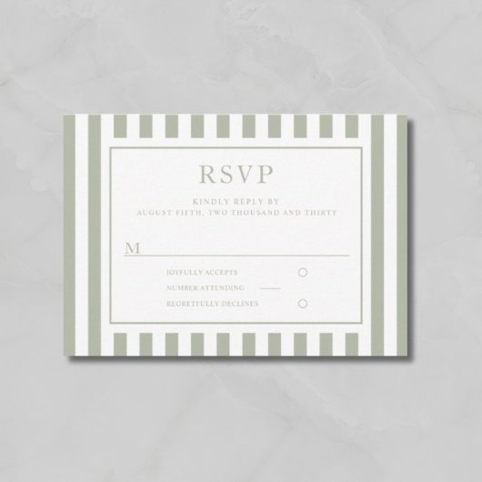 Modern Sage Green Stripes Wedding RSVP Karte