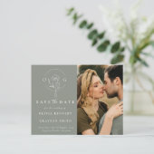 Modern Sage Green Two Foto Save the Date Ankündigungspostkarte (Stehend Vorderseite)