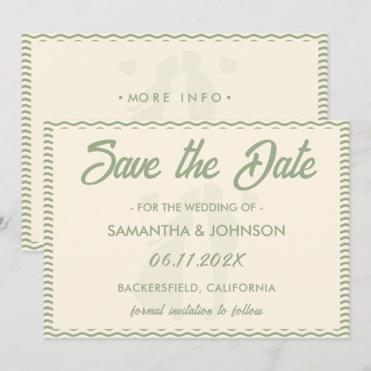 Modern Sage Green Wavy Stripe QR Code Wedding Save The Date (Vorne/Hinten)
