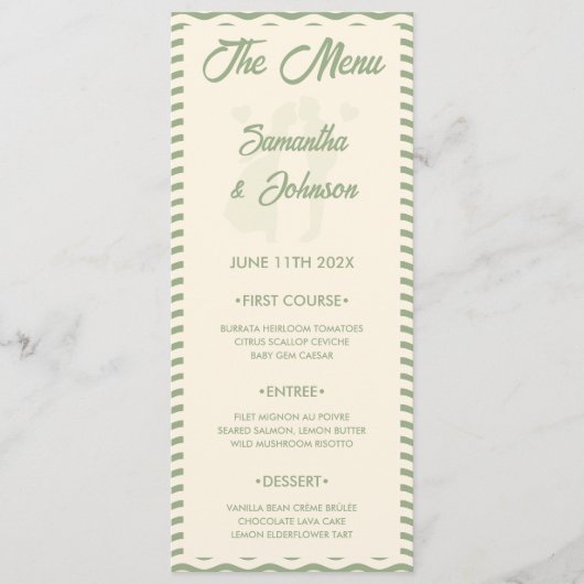 Modern Sage Green Wavy Stripe Wedding Menu Card Menükarte (Vorderseite)