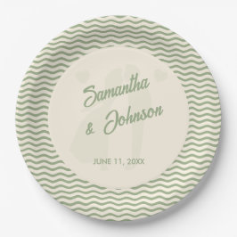Modern Sage Green Wavy Stripe Wedding Pappteller