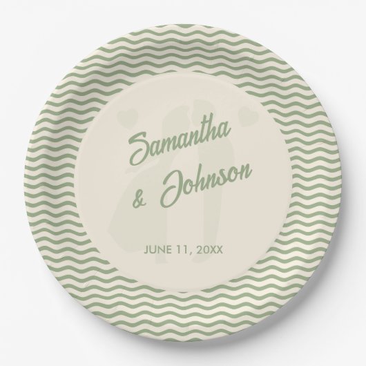 Modern Sage Green Wavy Stripe Wedding Pappteller (Vorderseite)