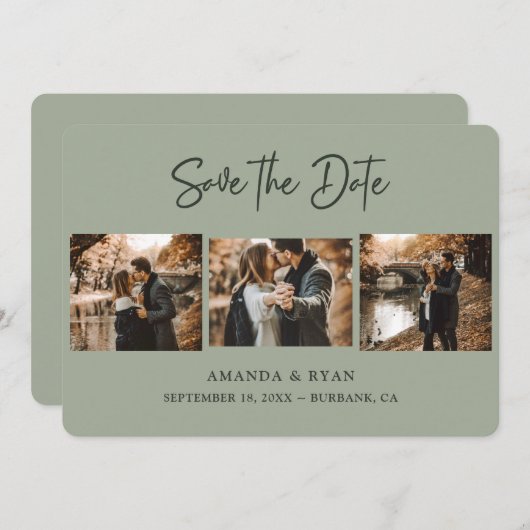 Modern Sage Green Wedding 3 Foto Save The Date (Vorne/Hinten)