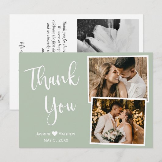 Modern Sage Green Wedding Danke Collage Card (Vorne/Hinten)
