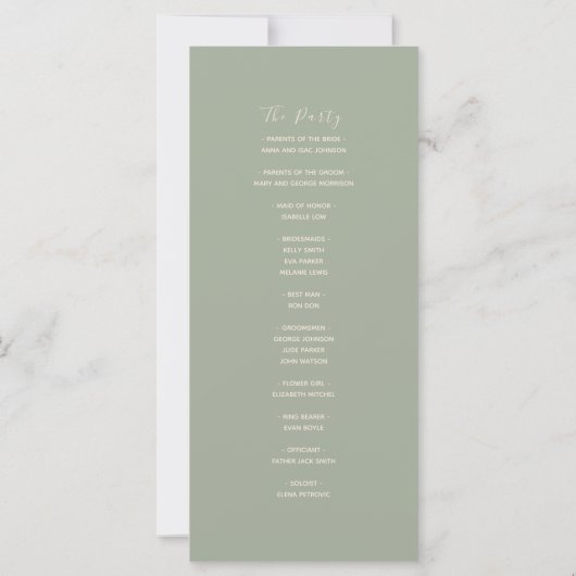 Modern Sage Green Wedding Program Card (Rückseite)