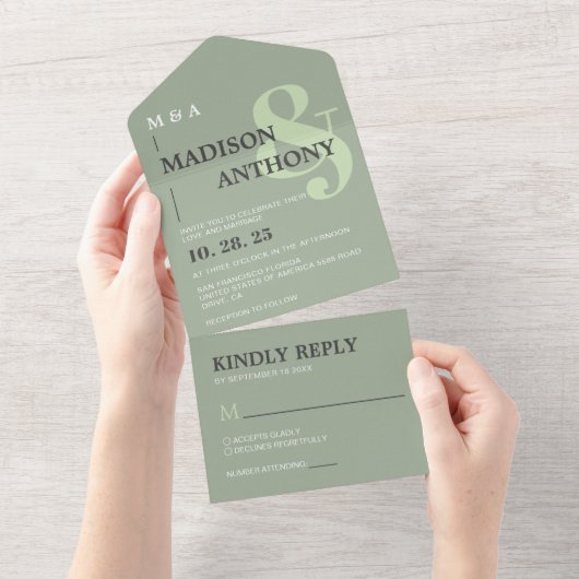 Modern Sage Green Whimsical Ampere und Hochzeit All In One Einladung (Abreißen)