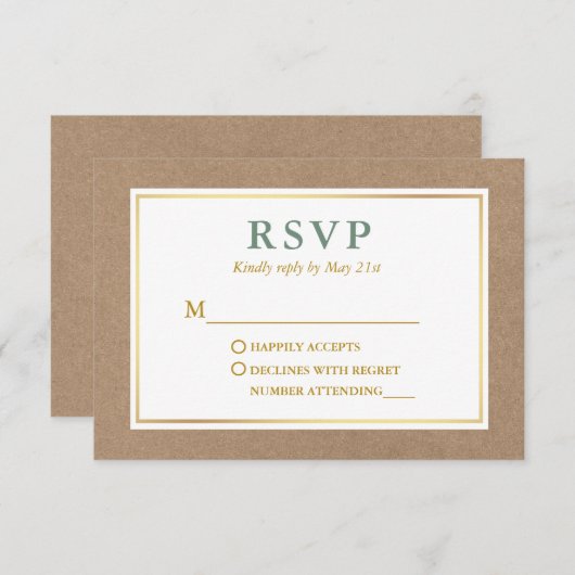 Modern Sage Green White Gold Kraft RSVP Karte (Vorne/Hinten)