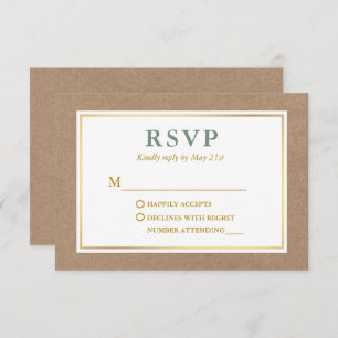 Modern Sage Green White Gold Kraft RSVP Karte